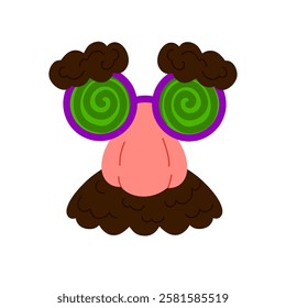 Eyeglasses with fake nose and mustache for April jokes. Crazy eyesight. Vector illustration isolated on white. Ideal for stickers, greeting cards, party decorations