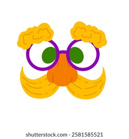 Eyeglasses with fake nose and mustache for April jokes on Fool's Day. Vector illustartion isolated on white. Ideal for stickers, greeting cards, party decorations