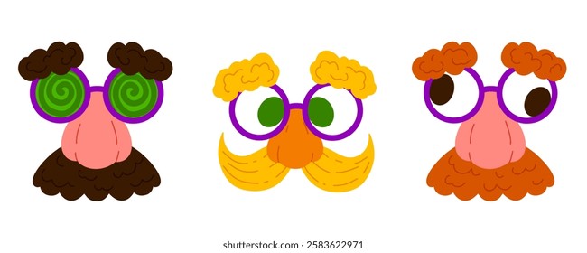 Eyeglasses with fake nose and mustache for April jokes. Vector illustration set isolated on white. Ideal for stickers, greeting cards, party decorations