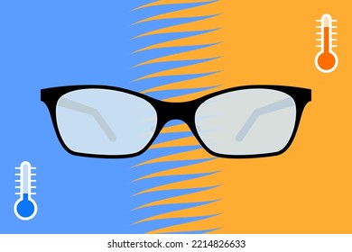 Eyeglasses With Fogged And Misted Lenses, Thermometer Icons Indicating Low And High Temperatures. Concept Of Formation Of Condensate On Lens When Temperature Changing From Cold To Warmth