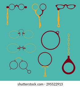Eyeglasses frames set. Monocles, Pince-Nez, Lorgnette. Vintage, hipster, classic, modern, retro styles. Silhouettes on white background. Vector illustration eps 8. 