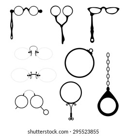 Eyeglasses frames set. Monocles, Pince-Nez, Lorgnette. Vintage, hipster, classic, modern, retro styles. Silhouettes on white background. Vector illustration eps 8. 