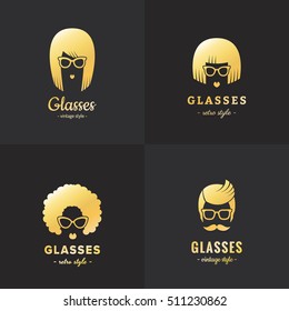 Eyeglasses gold logo vintage vector set (female and male). Hipster and retro style. 