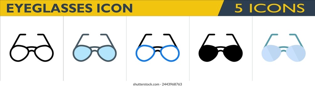 Eyeglasses icon with 5 styles (outline, color lineal, color outline, solid and color)