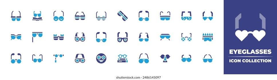 Colección de iconos de gafas. Color duotono. Ilustración vectorial. Conteniendo gafas, gafas, inteligentes, gafas de sol, fiesta, gafas, trébol, estudio.