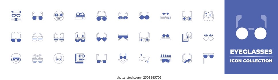 Eyeglasses icon collection. Duotone style line stroke and bold. Vector illustration. Containing scientist, glasses, intelligent, study, party, readingglasses, sunglasses, book, spectacles, eyeglasses.