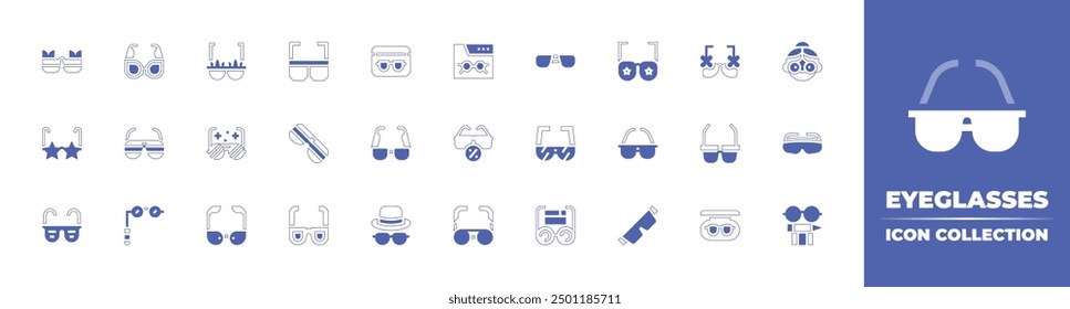 Eyeglasses icon collection. Duotone style line stroke and bold. Vector illustration. Containing eyeglasses, glasses, cateyeglasses, sunglasses, incognito, readingglasses, lorgnette, hat.