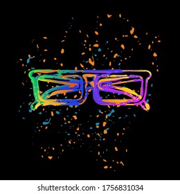 eyeglasses icon. Colored ink with splashes on black background