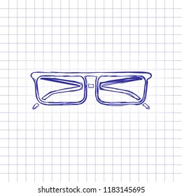 eyeglasses icon. Hand drawn picture on paper sheet. Blue ink, outline sketch style. Doodle on checkered background