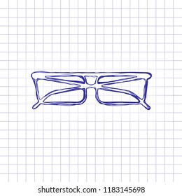eyeglasses icon. Hand drawn picture on paper sheet. Blue ink, outline sketch style. Doodle on checkered background