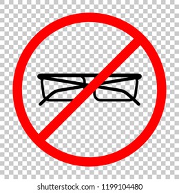 eyeglasses icon. Not allowed, black object in red warning sign with transparent background