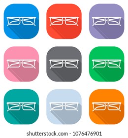 eyeglasses icon. Set of white icons on colored squares for appli