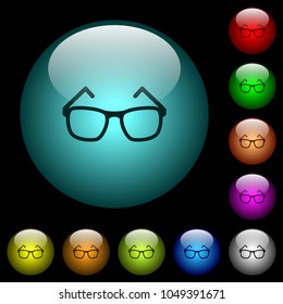 Eyeglasses icons in color illuminated spherical glass buttons on black background. Can be used to black or dark templates