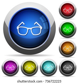 Eyeglasses icons in round glossy buttons with steel frames
