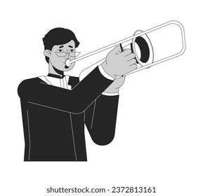 Eyeglasses indian man playing trombone black and white 2D line cartoon character. Trombonist holds instrument isolated vector outline person. Jazz instrumentalist monochromatic flat spot illustration