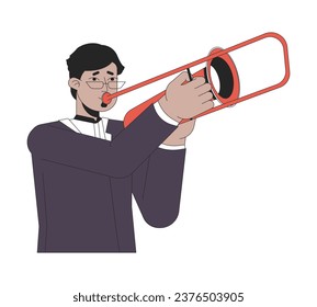 Eyeglasses indian man playing trombone 2D linear cartoon character. Trombonist guy holding instrument isolated line vector person white background. Jazz instrumentalist color flat spot illustration