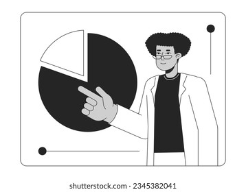 Eyeglasses latino man with pie chart bw concept vector spot illustration. Hispanic entrepreneur 2D cartoon flat line monochromatic character for web UI design. Editable isolated outline hero image