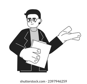 Eyeglasses male realtor friendly suggesting black and white 2D cartoon character. Asian adult man house agent isolated vector outline person. Professional guy monochromatic flat spot illustration