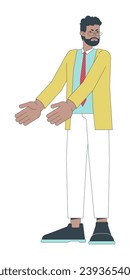 Eyeglasses manager man pointing with two hands 2D linear cartoon character. African american male office worker isolated line vector person white background. Angry boss color flat spot illustration