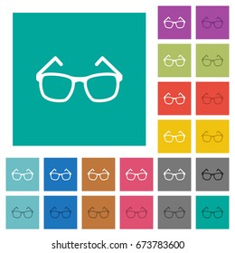 Eyeglasses multi colored flat icons on plain square backgrounds. Included white and darker icon variations for hover or active effects.