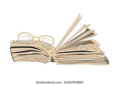 
Eyeglasses on open book.Opened vintage book with fluttering pages.Literature, dictionary, textbook or encyclopedia.Magic, witchcraft, bible or mystery book.Bookstore, library,education concept.Vector