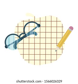 eyeglasses optical accessory with paper apple and pencil vector illustration design