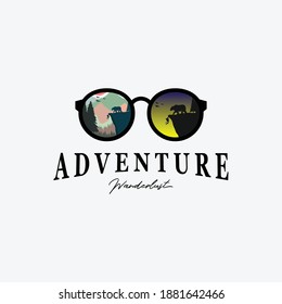 Eyeglasses Outdoor Adventure Logo Vector Design Vintage Illustration, Let's See The World, Bear vs Man, Fall From Canyon, Background Pastel