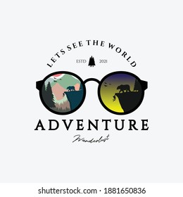 Eyeglasses Outdoor Adventure Logo Vector Design Vintage Illustration, Let's See The World, Bear vs Man, Fall From Canyon, Background Pastel