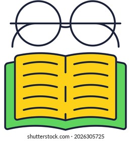 Eyeglasses over open book icon flat vector. Flat textbook and spectacles. Knowledge, information, library and literature symbol. School or university education, bookstore-book reader app logo