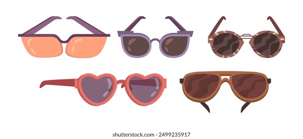 Eyeglasses protecting eyes from sunshine and sunlight, isolated set of sunglasses accessories for men and women. Vector tropics and summertime rest, fashionable stylish model of spectacles