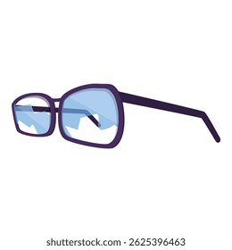 Eyeglasses with purple frames and blue lenses reflecting light, showcasing a contemporary design
