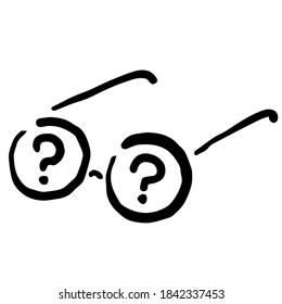 Eyeglasses with Question Mark: Doodle Icon, Hand drawn vector Icon like woodblock print