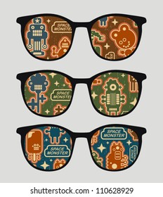 Eyeglasses with retro robots reflection in it. Vector illustration of accessory.