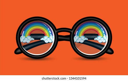 Eyeglasses in a round black frame with a reflection of the rainbow on the glass. Vector illustration