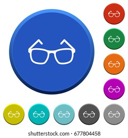 Eyeglasses round color beveled buttons with smooth surfaces and flat white icons