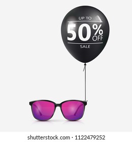 Eyeglasses Sale Banner Concept. Vector Illustration. Vector realistic modern eyeglasses with ultraviolet gradient lens. Summer vacation holiday beach pool party. 
