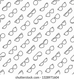 Eyeglasses seamless pattern with thin line icons: sunglasses, sport glasses, rectangular, aviator, wayfarer, round, square, cat eye, oval, extravagant, big size. Modern vector illustration.