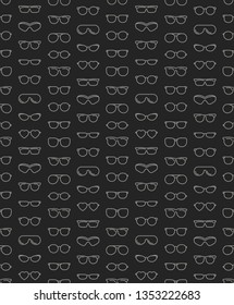 Eyeglasses seamless pattern with thin line icons: sunglasses, sport glasses, rectangular, aviator, wayfarer, round, square, cat eye, oval, extravagant, big size. Modern vector illustration.