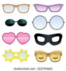 Eyeglasses set - wooden style, hearts, stars, dollar signs, black eye mask, pince-nez, rose-colored etc - funny and crazy, collection with transparent lenses - isolated vector on white background.