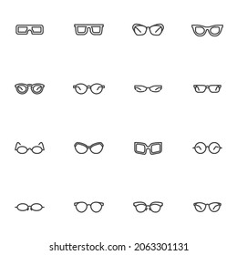 Eyeglasses shape line icons set, glasses frame outline vector symbol collection, linear style pictogram pack. Signs, logo illustration. Set includes icons as optical glasses, stylish spectacles