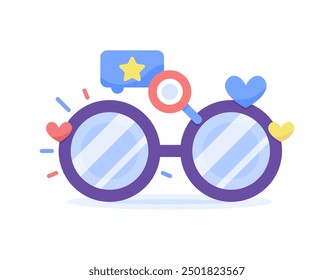 Concepto de tienda de gafas. Tienda óptica de calidad. Ilustración de gafas con símbolo de corazón, lupa y estrella. Diseño de estilo plano. Elementos gráficos