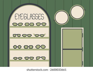 An eyeglasses shop with a neatly arranged selection of stylish frames on display