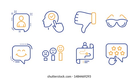 Iconos de la línea de chat de Eyeglasses, Smile chat y Developers. Trayectoria de viaje, satisfacción del cliente y señalización del usuario Select. No les gusta la mano, clasificar los símbolos de las estrellas. Otometría, cara feliz. La gente se puso. Vector