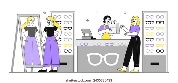 Eyeglasses store simple. Women buying glasses. Care about health and eyes. Sight correction. Shelves with eye wear. Doodle flat vector illustration isolated on white background