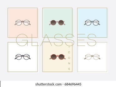 Eyeglasses and sunglasses line art icons collection isolated on light pastel backdrops