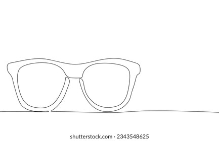 Eyeglasses or sunglasses. One line continuous concept optics banner. Line art, outline, silhouette, vector illustration.