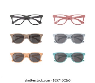 Eyeglasses, sunglasses set. Flat Vector Illustration. Isolated on white background. 