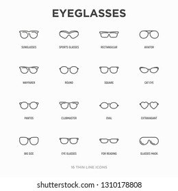 Eyeglasses thin line icons set: sunglasses, sport glasses, rectangular, aviator, wayfarer, round, square, cat eye, oval, extravagant, big size, for reading. Modern vector illustration.