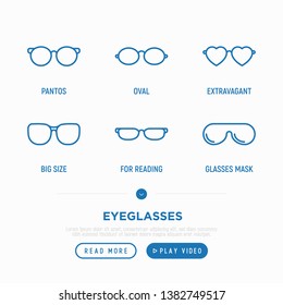 Eyeglasses thin line icons set: pantos, oval, extravagant, big size, for reading. Modern vector illustration.