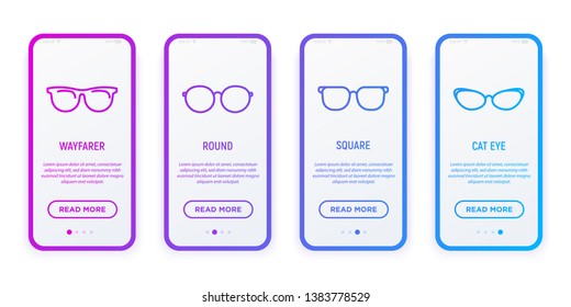 Eyeglasses thin line icons set: sunglasses, wayfarer, round, square, cat eye. Modern vector illustration for user mobile interface.